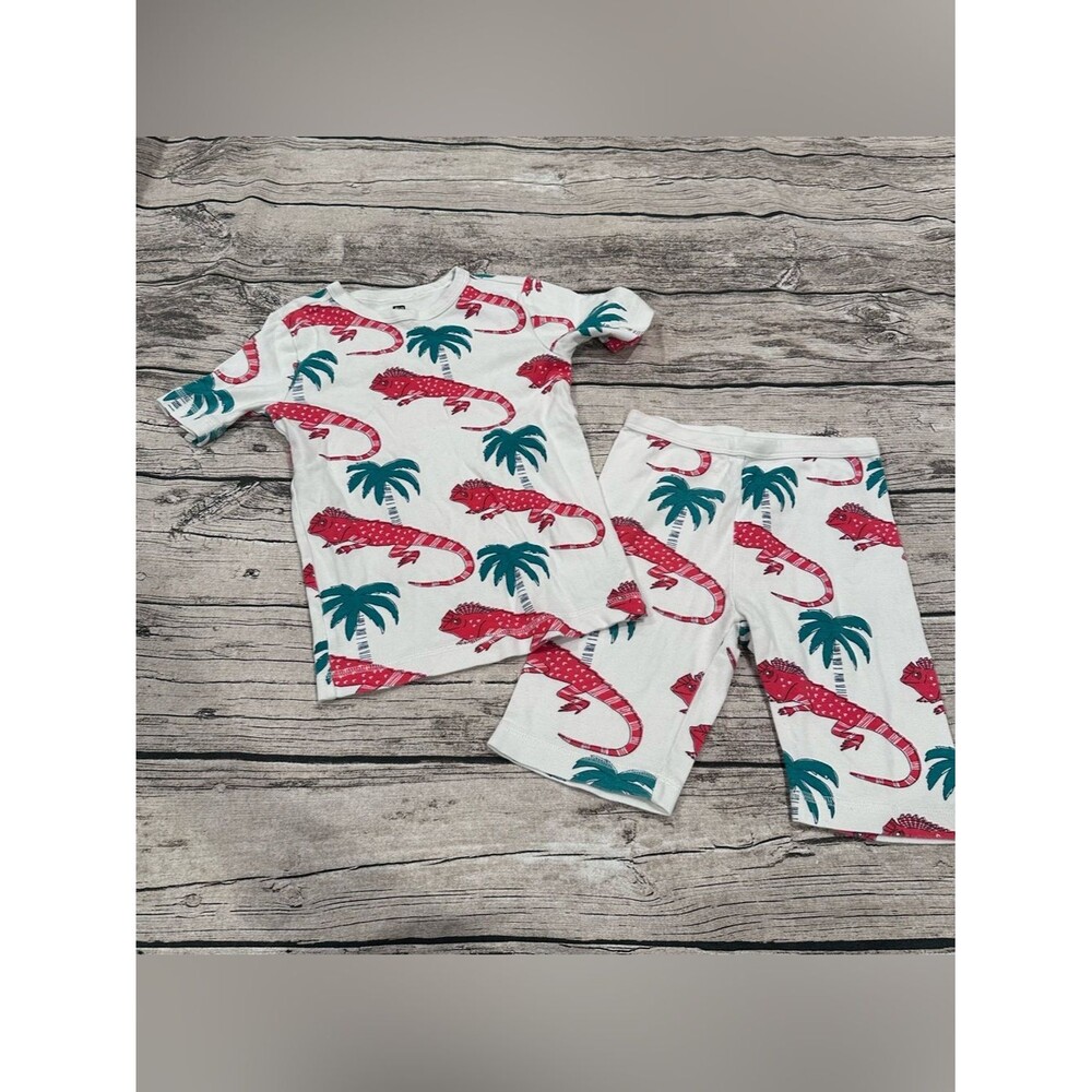 Tea Collection Kids White Pajamas Red Iguana & Teal Palm Print; Unisex Size 8